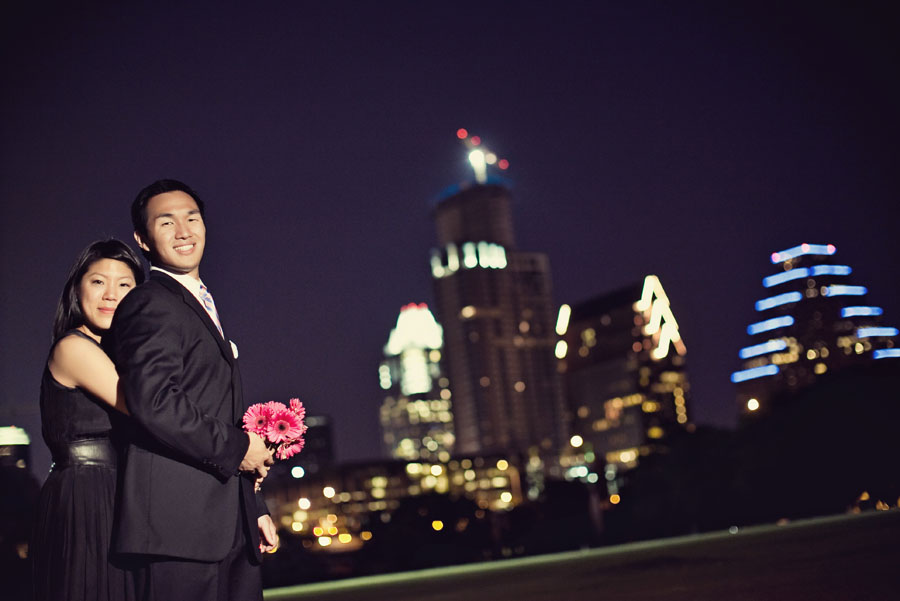 esther and jeff engagement session in austin texas, mueller austin engagement photos, downtown austin texas night time engagement photo