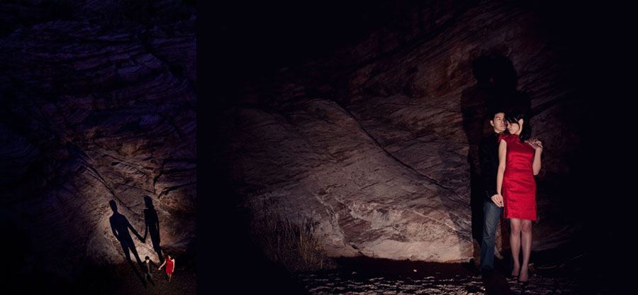 fun drama induced night time engagement images at red rock canyon in las vegas photographed by table4 weddings