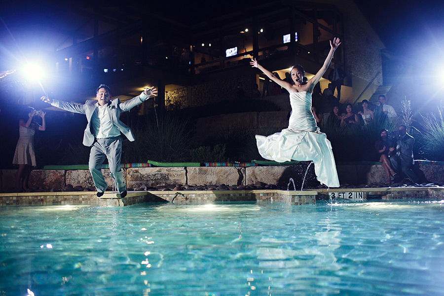 lakeway resort and spa austin texas pool wedding, jumping in the pool