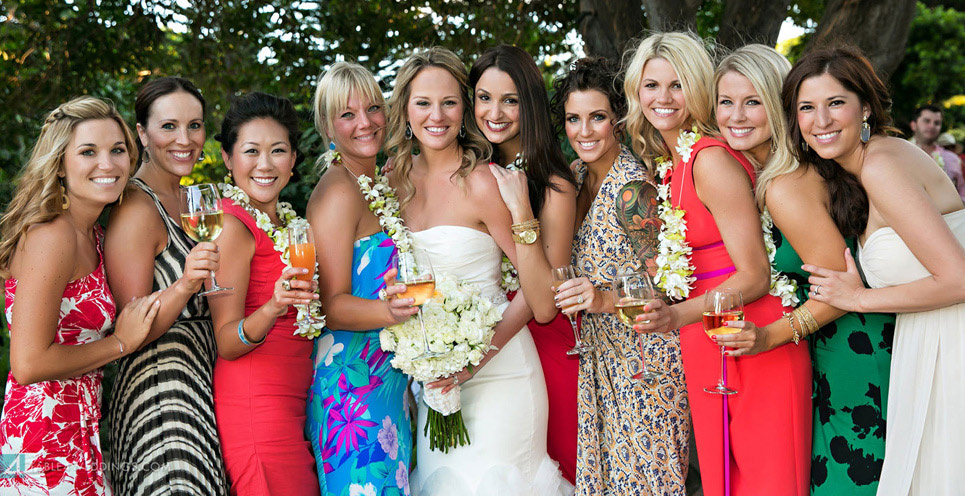 olowalu plantation house wedding reception, pretty bridesmaids dresses hawaii, maui wedding photography