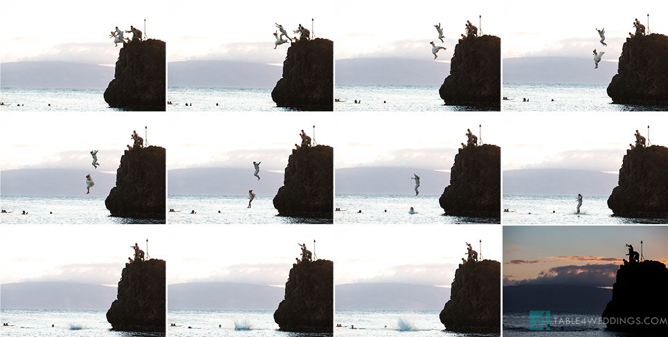 vera wang trash the dress, black rock maui wedding jump photography, maui wedding photography