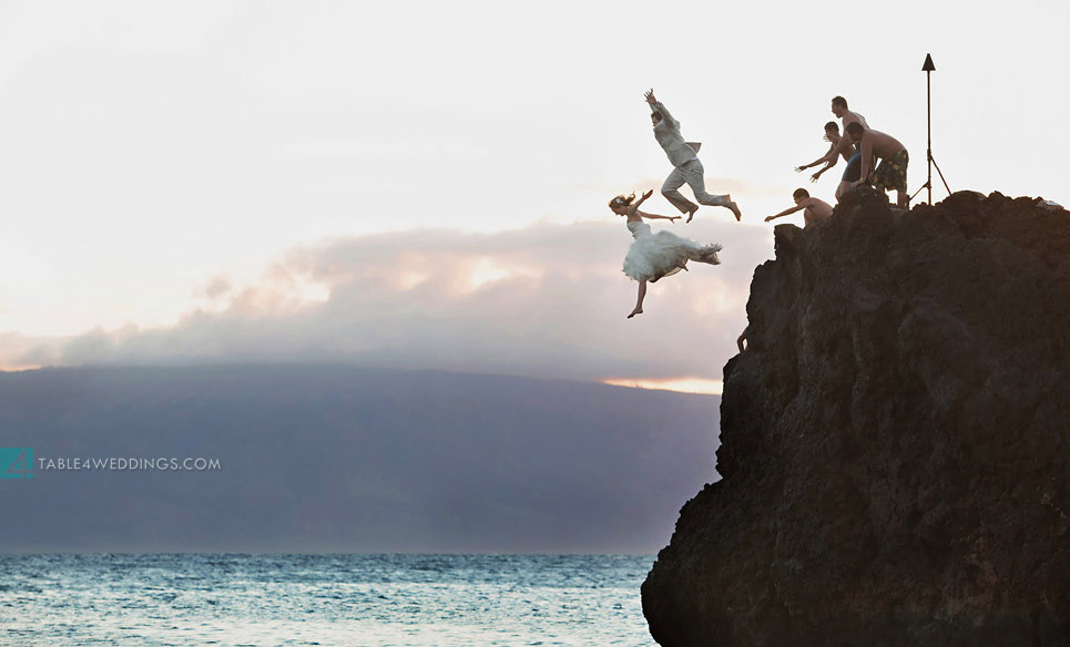 vera wang trash the dress, black rock maui wedding jump photography, maui wedding photography