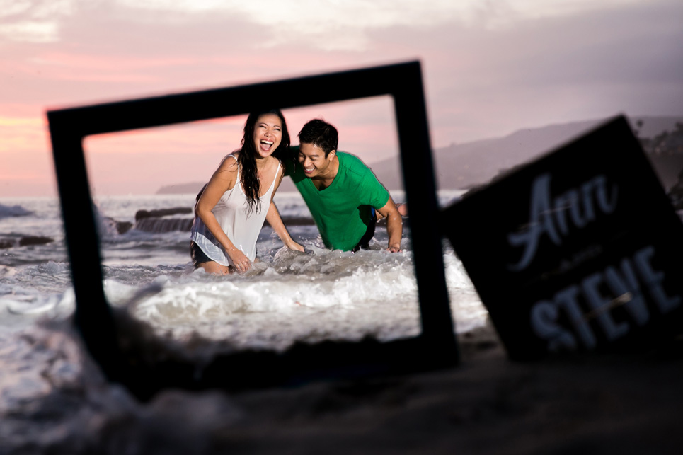 laguna beach sunset waves engagement photo, sexy southern california wedding photographer jason huang