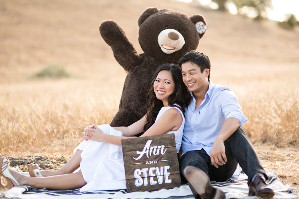 weird riley wilderness park engagement photo, southern california wedding, stuffed bear from costco